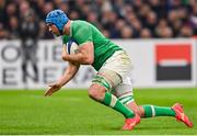 2 February 2024; Tadhg Beirne of Ireland dives over to score his side's second try during the Guinness Six Nations Rugby Championship match between France and Ireland at the Stade Velodrome in Marseille, France. Photo by Ramsey Cardy/Sportsfile