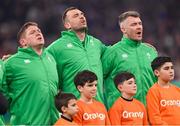 2 February 2024; Ireland players, from left, Tadhg Furlong, Tadhg Beirne, and Peter O’Mahony stand for the national anthem before the Guinness Six Nations Rugby Championship match between France and Ireland at the Stade Velodrome in Marseille, France. Photo by Ramsey Cardy/Sportsfile