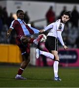 2 February 2024; Louie Annesley of Dundalk in action against Frantz Pierrot of Drogheda United during the PTSB Leinster Senior Cup / Malone Cup match between Dundalk and Drogheda United at Oriel Park in Dundalk, Louth. Photo by Ben McShane/Sportsfile