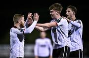 2 February 2024; Eoin Kenny of Dundalk celebrates with teammates Daryl Horgan, left, and Koen Oostenbrink, right, after scoring their side's first goal during the PTSB Leinster Senior Cup / Malone Cup match between Dundalk and Drogheda United at Oriel Park in Dundalk, Louth. Photo by Ben McShane/Sportsfile