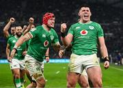 2 February 2024; Dan Sheehan of Ireland, right, celebrates after scoring their side's fourth try during the Guinness Six Nations Rugby Championship match between France and Ireland at the Stade Velodrome in Marseille, France. Photo by Harry Murphy/Sportsfile