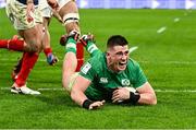2 February 2024; Dan Sheehan of Ireland dives over to score his side's fourth try during the Guinness Six Nations Rugby Championship match between France and Ireland at the Stade Velodrome in Marseille, France. Photo by Harry Murphy/Sportsfile