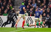 2 February 2024; Calvin Nash of Ireland dives over to score his side's third try during the Guinness Six Nations Rugby Championship match between France and Ireland at the Stade Velodrome in Marseilles, France. Photo by Ramsey Cardy/Sportsfile