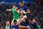 2 February 2024; Cameron Woki of France wins possession in a line-out over Ryan Baird of Ireland during the Guinness Six Nations Rugby Championship match between France and Ireland at the Stade Velodrome in Marseille, France. Photo by Ramsey Cardy/Sportsfile