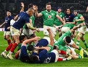 2 February 2024; Rónan Kelleher of Ireland, hidden, scores his side's fifth try during the Guinness Six Nations Rugby Championship match between France and Ireland at the Stade Velodrome in Marseille, France. Photo by Harry Murphy/Sportsfile