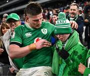 2 February 2024; Joe McCarthy of Ireland gives his man of the match award to his brother Andrew after his side's victory in the Guinness Six Nations Rugby Championship match between France and Ireland at the Stade Velodrome in Marseille, France. Photo by Harry Murphy/Sportsfile