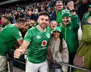 2 February 2024; Hugo Keenan of Ireland celebrates with his partner Emma Hempenstall after his side's victory in the Guinness Six Nations Rugby Championship match between France and Ireland at the Stade Velodrome in Marseille, France. Photo by Harry Murphy/Sportsfile