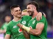 2 February 2024; Dan Sheehan, left, and Caelan Doris of Ireland after their side's victory in the Guinness Six Nations Rugby Championship match between France and Ireland at the Stade Velodrome in Marseille, France. Photo by Ramsey Cardy/Sportsfile