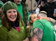 2 February 2024; Andrew Porter of Ireland celebrates with his wife Elaine after his side's victory in the Guinness Six Nations Rugby Championship match between France and Ireland at the Stade Velodrome in Marseille, France. Photo by Harry Murphy/Sportsfile