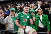 2 February 2024; Joe McCarthy of Ireland with his parents Joe and Paula, and brother Andrew after his side's victory in the Guinness Six Nations Rugby Championship match between France and Ireland at the Stade Velodrome in Marseille, France. Photo by Harry Murphy/Sportsfile