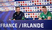 2 February 2024; Ireland head coach Andy Farrell, left, and captain Peter O’Mahony during a post-match press conference after the Guinness Six Nations Rugby Championship match between France and Ireland at the Stade Velodrome in Marseille, France. Photo by Ramsey Cardy/Sportsfile