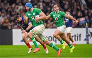 2 February 2024; James Lowe of Ireland celebrates as teammate Tadhg Beirne runs on to score their side's second try during the Guinness Six Nations Rugby Championship match between France and Ireland at the Stade Velodrome in Marseille, France. Photo by Ramsey Cardy/Sportsfile