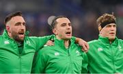 2 February 2024; Ireland players, from left, Jack Conan, James Lowe and Josh van der Flier before the Guinness Six Nations Rugby Championship match between France and Ireland at the Stade Velodrome in Marseille, France. Photo by Ramsey Cardy/Sportsfile