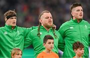 2 February 2024; Ireland players, from left, Josh van der Flier, Finlay Bealham and Joe McCarthy before the Guinness Six Nations Rugby Championship match between France and Ireland at the Stade Velodrome in Marseille, France. Photo by Ramsey Cardy/Sportsfile
