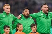 2 February 2024; Ireland players, from left, Ciarán Frawley, Bundee Aki and Jack Conan before the Guinness Six Nations Rugby Championship match between France and Ireland at the Stade Velodrome in Marseille, France. Photo by Ramsey Cardy/Sportsfile