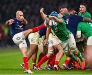 2 February 2024; Maxime Lucu of France has a kick blocked by Tadhg Beirne of Ireland during the Guinness Six Nations Rugby Championship match between France and Ireland at the Stade Velodrome in Marseille, France. Photo by Harry Murphy/Sportsfile Photo by Harry Murphy/Sportsfile