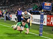 2 February 2024; Calvin Nash of Ireland dives over to score his side's third try during the Guinness Six Nations Rugby Championship match between France and Ireland at the Stade Velodrome in Marseille, France. Photo by Harry Murphy/Sportsfile