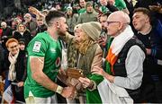2 February 2024; Hugo Keenan of Ireland and his aunt Emma Dowley after the Guinness Six Nations Rugby Championship match between France and Ireland at the Stade Velodrome in Marseille, France. Photo by Ramsey Cardy/Sportsfile