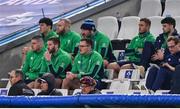 2 February 2024; Non-playing members of the Ireland squad, from left, Tom Stewart, Nick Timoney, Stuart McCloskey, Jeremy Loughman, Tom O’Toole, Jacob Stockdale, Jordan Larmour and Harry Byrne during the Guinness Six Nations Rugby Championship match between France and Ireland at the Stade Velodrome in Marseille, France. Photo by Ramsey Cardy/Sportsfile