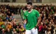 3 February 2024; Michael Agwi of Ireland celebrates winning a point against Dominic Thiem of Austria during their singles match on day one of the Davis Cup World Group I Play-off 1st Round match between Ireland and Austria at UL Sport Arena in Limerick. Photo by Brendan Moran/Sportsfile