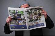 03 February 2024; Racegoer Pat Finn reads the Racing Post prior to racing during day one of the Dublin Racing Festival at Leopardstown Racecourse in Dublin. Photo by David Fitzgerald/Sportsfile
