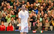 3 February 2024; Dominic Thiem of Austria reacts during his singles match against Michael Agwi of Ireland on day one of the Davis Cup World Group I Play-off 1st Round match between Ireland and Austria at UL Sport Arena in Limerick. Photo by Brendan Moran/Sportsfile