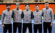 2 February 2024; The Austria team, from left, Jurgen Melzer, Sebastian Ofner, Dominic Thiem, Lucas Miedler and Alexander Erler before an Ireland Tennis squad training session at the UL Sport Arena in Limerick, ahead of Ireland's Davis Cup World Group One play-off first round match with Austria. Photo by Brendan Moran/Sportsfile