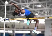 3 February 2024; Emanuel Osas of Ratoath AC, Dublin, competes in the Men's High Jump during the AAI National Indoor League Final at the TUS Indoor Arena, Athlone in Westmeath. Photo by Ben McShane/Sportsfile