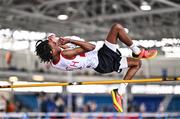 3 February 2024; Alvin Ngani of Galway City Harriers AC, Galway, competes in the Men's High Jump during the AAI National Indoor League Final at the TUS Indoor Arena, Athlone in Westmeath. Photo by Ben McShane/Sportsfile