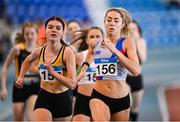 3 February 2024; Amy O'Donoghue of Dundrum South Dublin AC, Dublin, right, and Claire Crowley of Leevale AC, Cork, lead the field in the Women's 800m during the AAI National Indoor League Final at the TUS Indoor Arena, Athlone in Westmeath. Photo by Ben McShane/Sportsfile