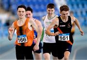 3 February 2024; Daire O'Donnell of Nenagh Olympic AC, Tipperary, left, and Sean Cronin of Clonliffe Harriers AC, Dublin, race for the line in the Men's 800m during the AAI National Indoor League Final at the TUS Indoor Arena, Athlone in Westmeath. Photo by Ben McShane/Sportsfile