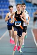 3 February 2024; Sean Cronin of Clonliffe Harriers AC, Dublin, leads the field in the Men's 800m during the AAI National Indoor League Final at the TUS Indoor Arena, Athlone in Westmeath. Photo by Ben McShane/Sportsfile