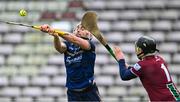3 February 2024; Jason Flynn of Galway shoots under pressure from Westmeath goalkeeper Noel Conaty during the Allianz Hurling League Division 1 Group B match between Galway and Westmeath at Pearse Stadium in Galway. Photo by Piaras Ó Mídheach/Sportsfile