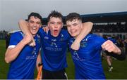 3 February 2024; Nenagh CBS players, from left, Mason Cawley, Zac Keller and Aodhán O'Connor celebrate after the TUS Dr Harty Cup final match between Nenagh CBS, of Nenagh and Ardscoil Ris, of Limerick at Cusack Park in Ennis. Photo by John Sheridan/Sportsfile