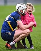 3 February 2024; Grace Flynn, age 4, from Ballinakill, greets her uncle Galway hurler Jason Flynn after the Allianz Hurling League Division 1 Group B match between Galway and Westmeath at Pearse Stadium in Galway. Photo by Piaras Ó Mídheach/Sportsfile