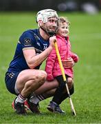 3 February 2024; Grace Flynn, age 4, from Ballinakill, greets her uncle Galway hurler Jason Flynn after the Allianz Hurling League Division 1 Group B match between Galway and Westmeath at Pearse Stadium in Galway. Photo by Piaras Ó Mídheach/Sportsfile