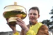 03 February 2024; Paul Townend with the cup after winning the Paddy Power Irish Gold Cup Chase on Galopin Des Champs during day one of the Dublin Racing Festival at Leopardstown Racecourse in Dublin. Photo by David Fitzgerald/Sportsfile