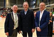 3 February 2024; Minister of State at the Department of Tourism, Culture, Arts, Gaeltacht, Sport and Media Thomas Byrne TD with Tennis Ireland president John Ryan, left, and Tennis Ireland chief executive Kevin Quinn during day one of the Davis Cup World Group I Play-off 1st Round match between Ireland and Austria at UL Sport Arena in Limerick. Photo by Brendan Moran/Sportsfile