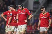 3 February 2024; Munster players including Fineen Wycherley, centre, react after conceding a try during the international rugby friendly match between Munster and Crusaders at SuperValu Páirc Uí Chaoimh in Cork. Photo by Sam Barnes/Sportsfile