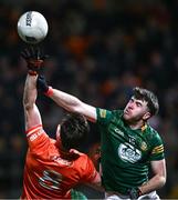 3 February 2024; Jack O'Connor of Meath and Ben Crealey of Armagh contest a high ball during the Allianz Football League Division 2 match between Armagh and Meath at BOX-IT Athletic Grounds in Armagh. Photo by Ben McShane/Sportsfile