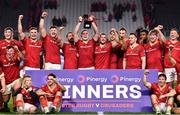 3 February 2024; Alex Kendellen of Munster lifts the cup after his side's victory in the international rugby friendly match between Munster and Crusaders at SuperValu Páirc Uí Chaoimh in Cork. Photo by Sam Barnes/Sportsfile