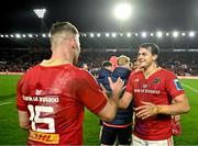 3 February 2024; Antoine Frisch, right, and Shane Daly of Munster celebrate after their side's victory in the international rugby friendly match between Munster and Crusaders at SuperValu Páirc Uí Chaoimh in Cork. Photo by Sam Barnes/Sportsfile