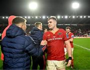 3 February 2024; Alex Kendellen of Munster, right, celebrates with team-mates after their side's victory in the international rugby friendly match between Munster and Crusaders at SuperValu Páirc Uí Chaoimh in Cork. Photo by Sam Barnes/Sportsfile
