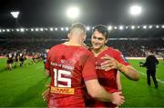 3 February 2024; Antoine Frisch, right, and Shane Daly of Munster celebrate after their side's victory in the international rugby friendly match between Munster and Crusaders at SuperValu Páirc Uí Chaoimh in Cork. Photo by Sam Barnes/Sportsfile