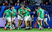 3 February 2024; Hugh Gavin of Ireland celebrates with teammates after scoring their side's third try during the U20 Six Nations Rugby Championship match between France and Ireland at Stade Maurice David in Aix-en-Provence, France. Photo by Johnny Fidelin/Sportsfile