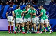 3 February 2024; Hugh Gavin of Ireland celebrates with teammates after scoring their side's third try during the U20 Six Nations Rugby Championship match between France and Ireland at Stade Maurice David in Aix-en-Provence, France. Photo by Johnny Fidelin/Sportsfile