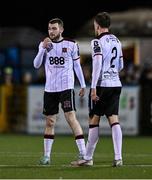2 February 2024; Robbie Mahon, left, and Archie Davies of Dundalk during the PTSB Leinster Senior Cup / Malone Cup match between Dundalk and Drogheda United at Oriel Park in Dundalk, Louth. Photo by Ben McShane/Sportsfile