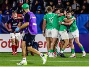 3 February 2024; Ireland players celebrate at the final whistle of the U20 Six Nations Rugby Championship match between France and Ireland at Stade Maurice David in Aix-en-Provence, France. Photo by Johnny Fidelin/Sportsfile