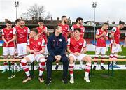 2 February 2024; Manager Jon Daly, with Chris Forrester, left, and Joe Redmond, right, await players for a squad photograph during a St Patrick's Athletic squad portraits session at Richmond Park in Dublin. Photo by Stephen McCarthy/Sportsfile