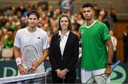 3 February 2024; Dominic Thiem of Austria, left, and Michael Agwi of Ireland with umpire Floriane Dierckx before their singles match on day one of the Davis Cup World Group I Play-off 1st Round match between Ireland and Austria at UL Sport Arena in Limerick. Photo by Brendan Moran/Sportsfile